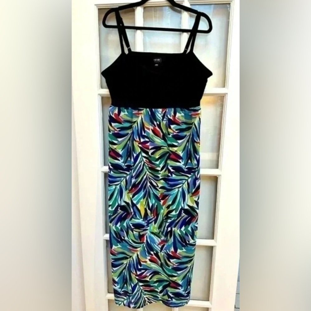 Nicole Miller | Bright Tropical Leaf Print Summer Beach Midi Dress Plus 16